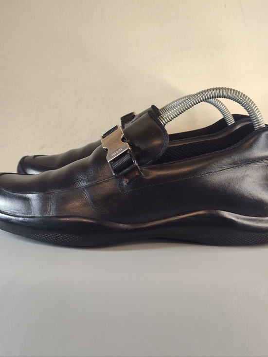 Prada Black Leather Slip-On Loafers with Silver Buckle Sz 9